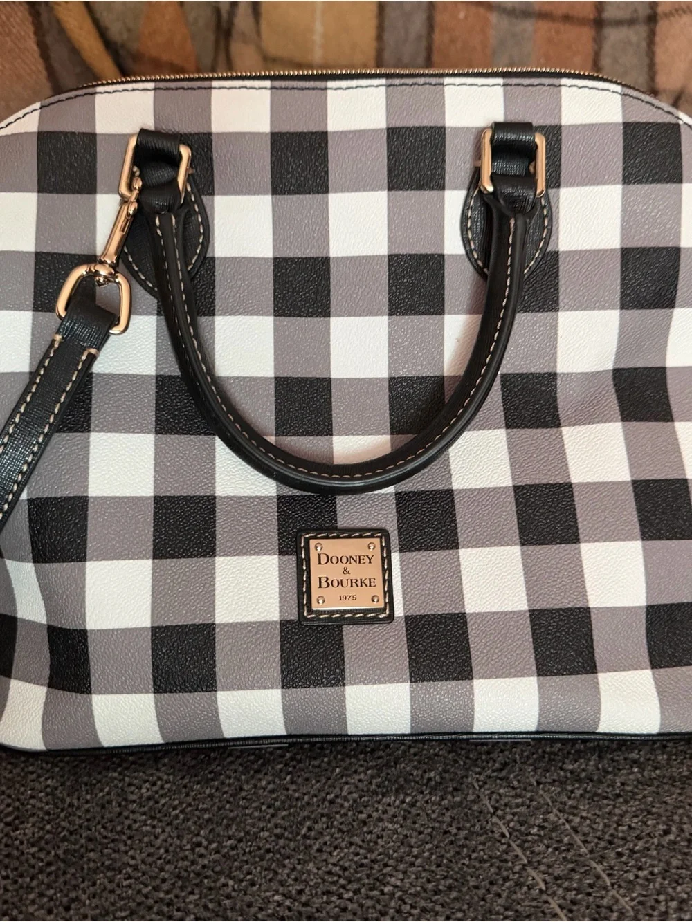Dooney & Bourke Black and White Gingham Dome Satchel with Gold Hardware